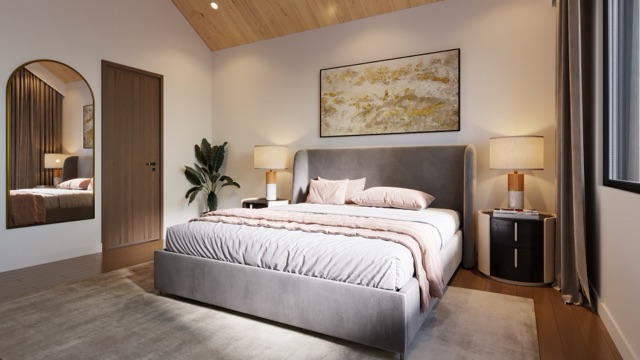 Bedroom with vaulted timber ceiling and arched mirror