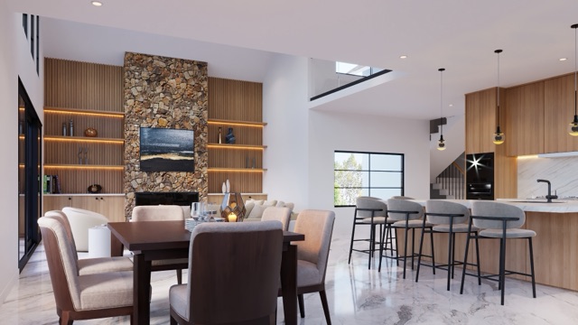 Dining area with stone hearth and kitchen beyond