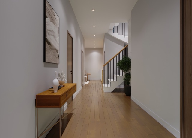 Entry hall with console table and staircase