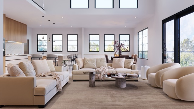 Great room with window wall and open kitchen beyond