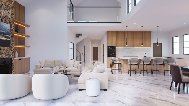 Double-height living room open to the kitchen