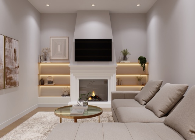 Living room with fireplace and lit built-in shelving