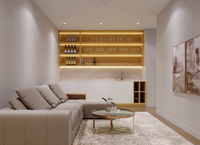 Lounge with wet bar and lit wine display