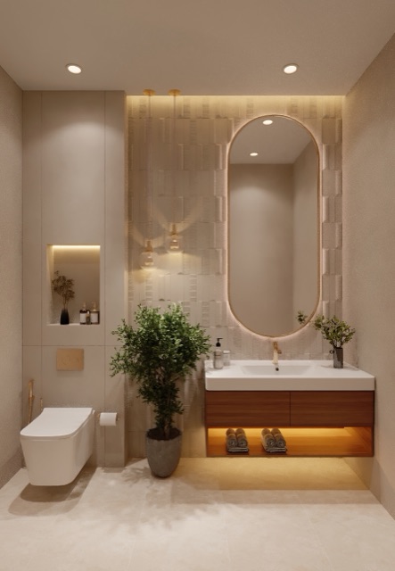 Powder room with textured tile and oval mirror