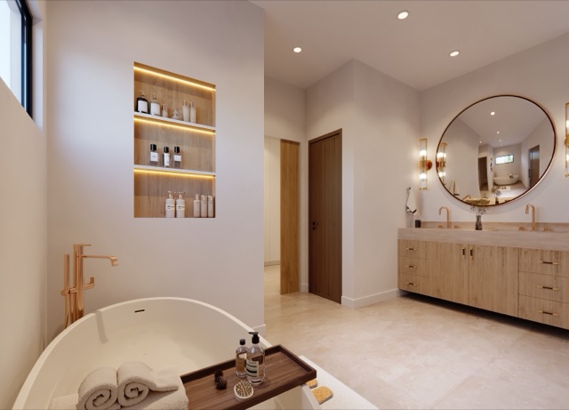 Primary bath with freestanding tub and double vanity