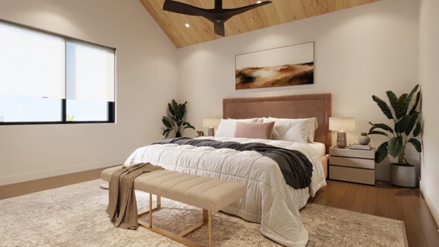 Primary bedroom with vaulted timber ceiling