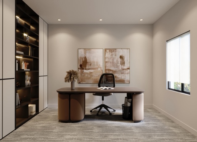 Study with desk and built-in shelving