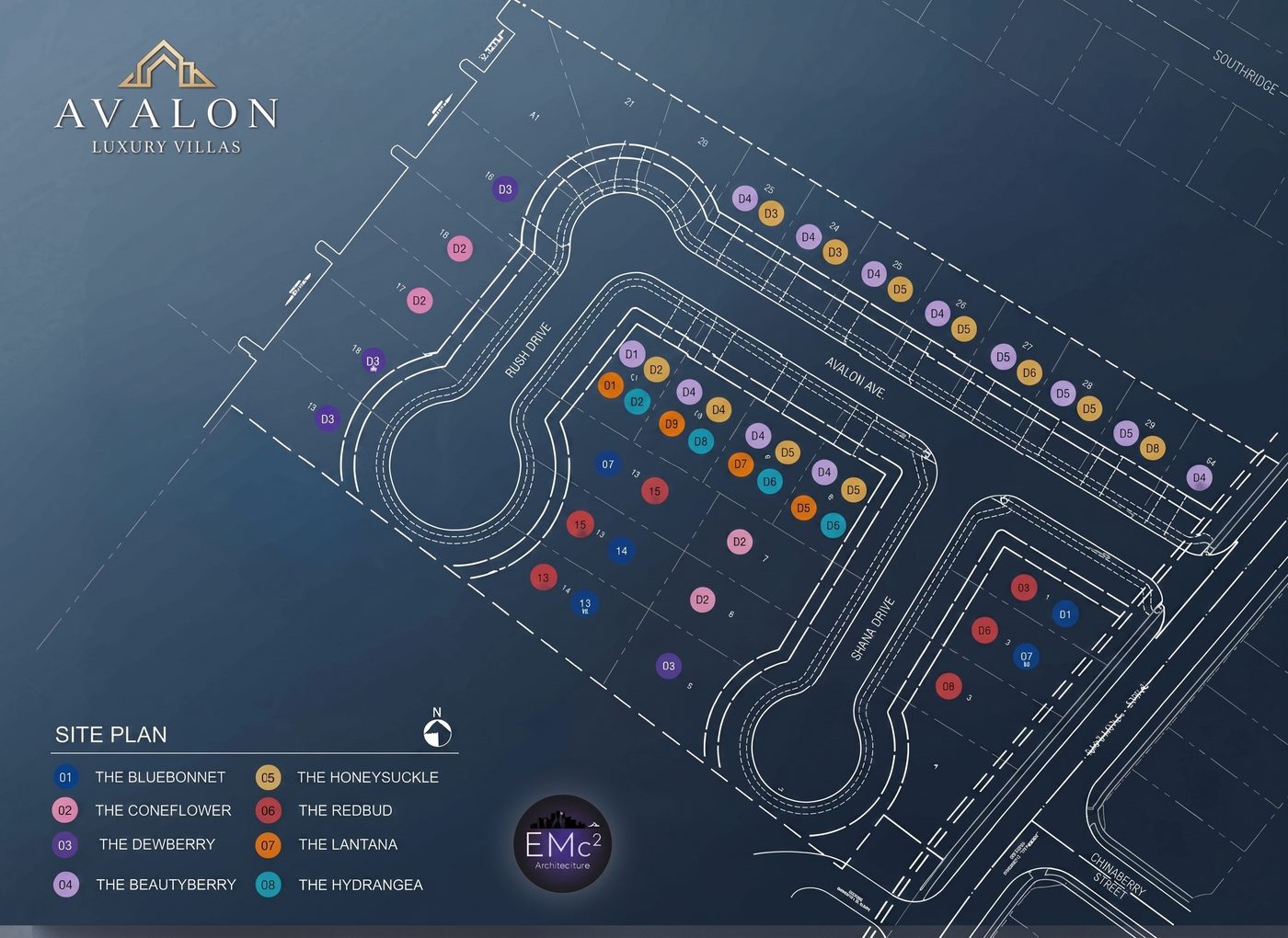Avalon Luxury Villas site plan: thirty homesites along Rush Drive, Avalon Avenue and Shana Drive, each marked with its floor plan